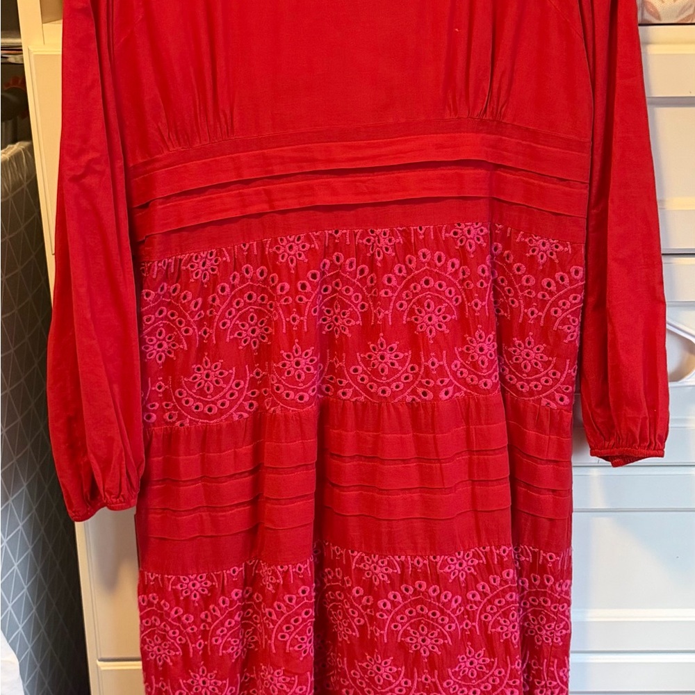 Red and pink ruffle embroidered dress full length